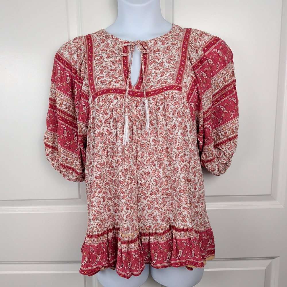 Romantic Red Paisley Peasant Blouse Top Boho Tassel Keyhole Puff Sleeve Sz Small - Picture 2 of 9